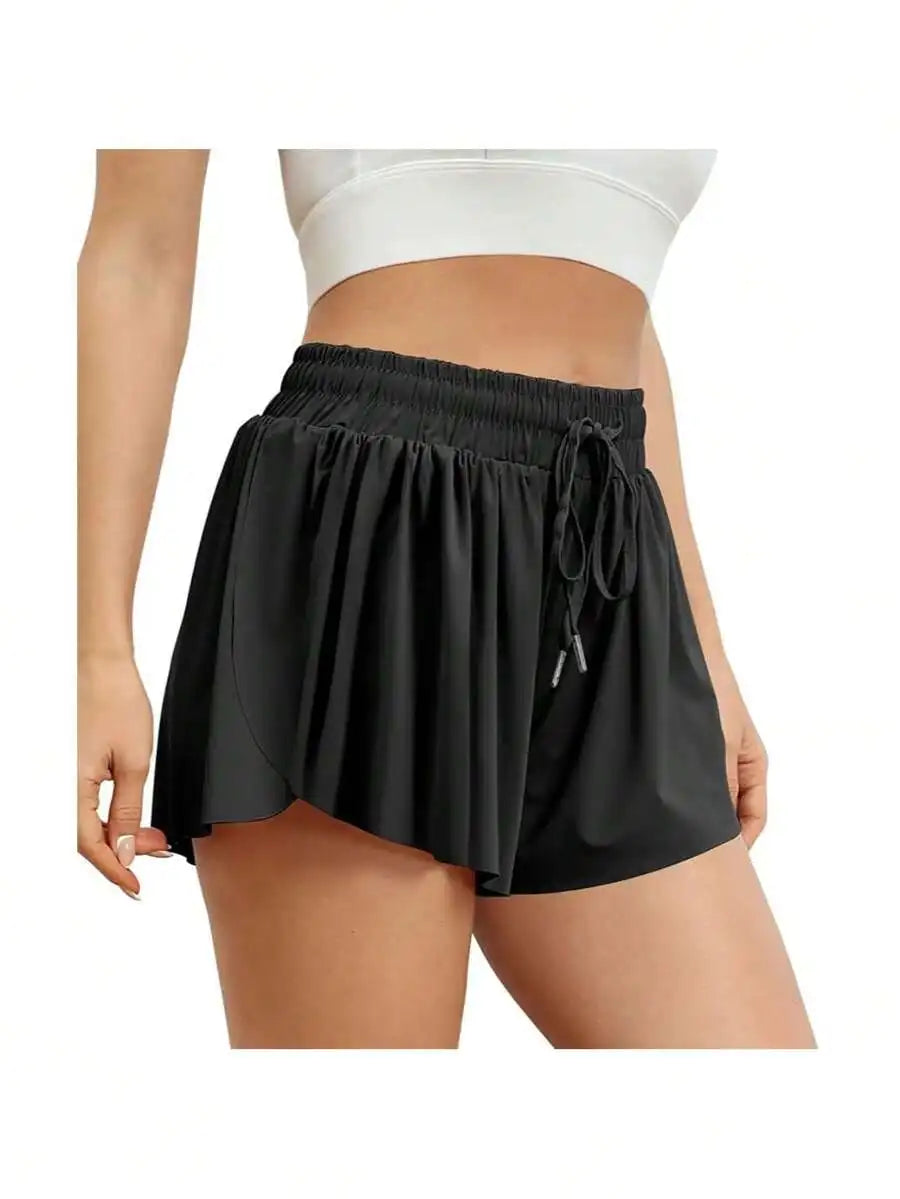 Women's High Waisted 2 In 1 Flowy/Hem Athletic Shorts With Drawstring
