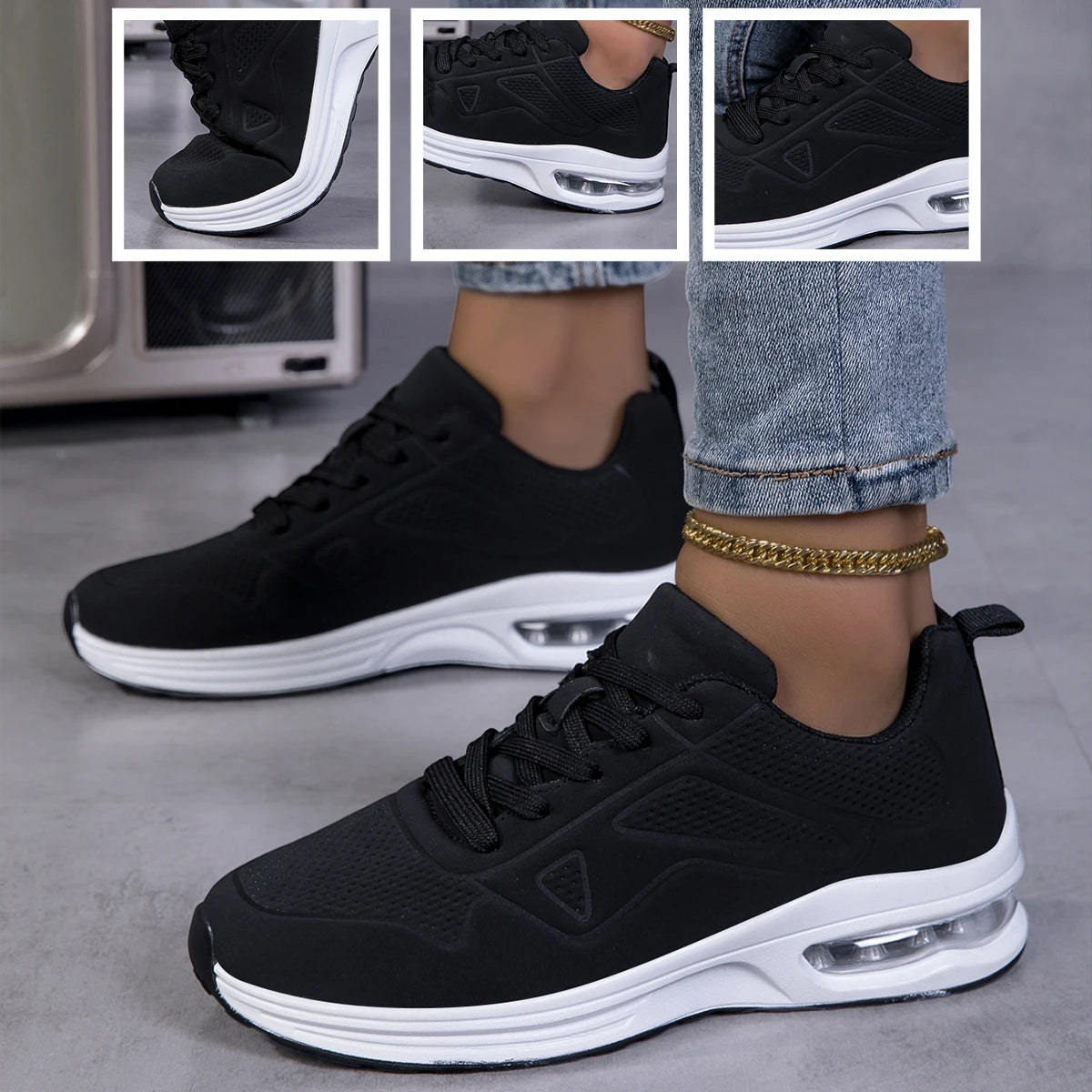 Women Solid Color Air Cushion Walking Sneakers Breathable/Soft Upper Shock Absorb Non Slip Lace Up Lightweight Sports Shoes Gym