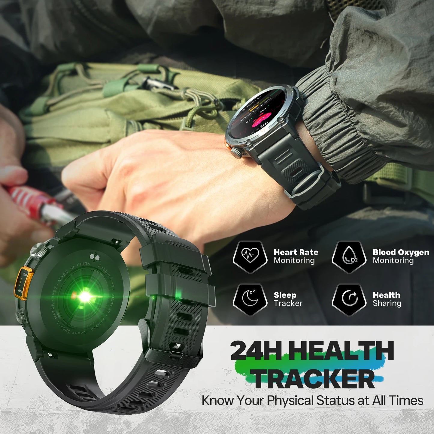 EIGIIS New KE3 Bluetooth Call Smart Watch Full Touch Screen/Health Monitor Clock With Flashlight  For IOS Android
