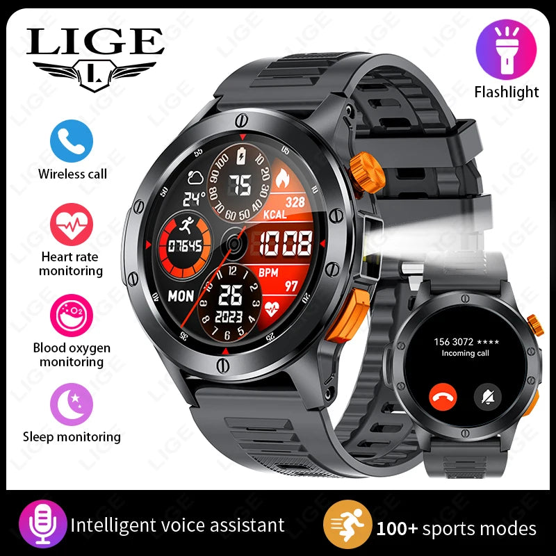 LIGE Sports Smart Watch Men LED Flashlight IP68 Waterproof/Bluetooth Call Health Watches Voice Assistant Military Smartwatch Men