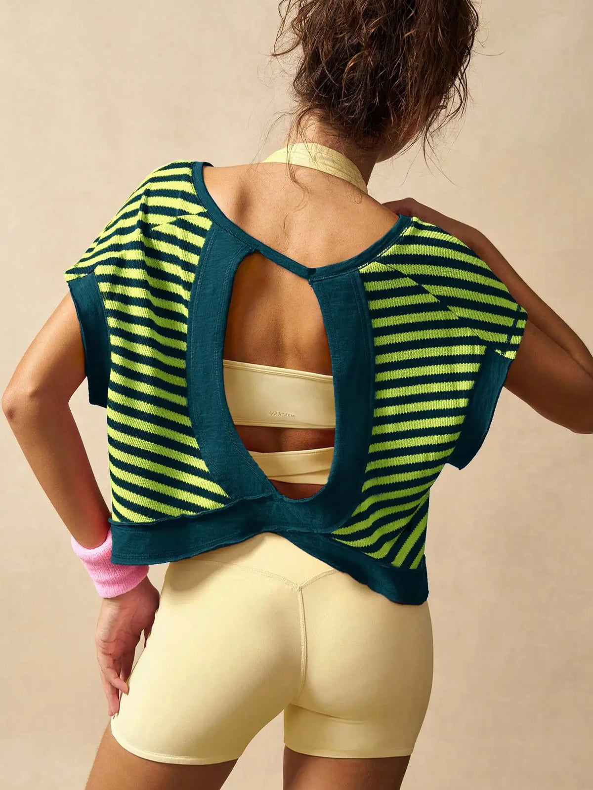 Women Striped Open Back Workout/Top Gym Crop Top Summer Active Wear Shirts
