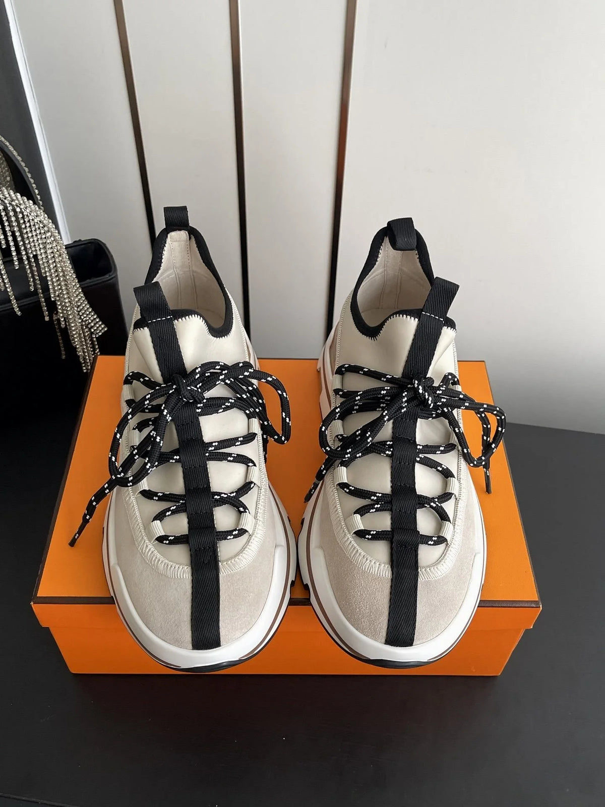 Beige Black Suede Platform Thick Sole/Sneakers for Men