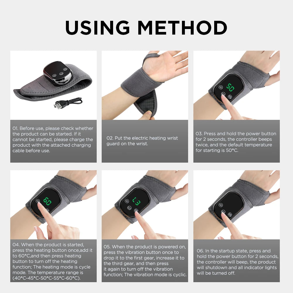 Electric Heated Hand Massager 5 Levels Hot Compress 3 Vibrate Joints/Bracket Wrist Guard Portable Relax Rechargeable Wristband