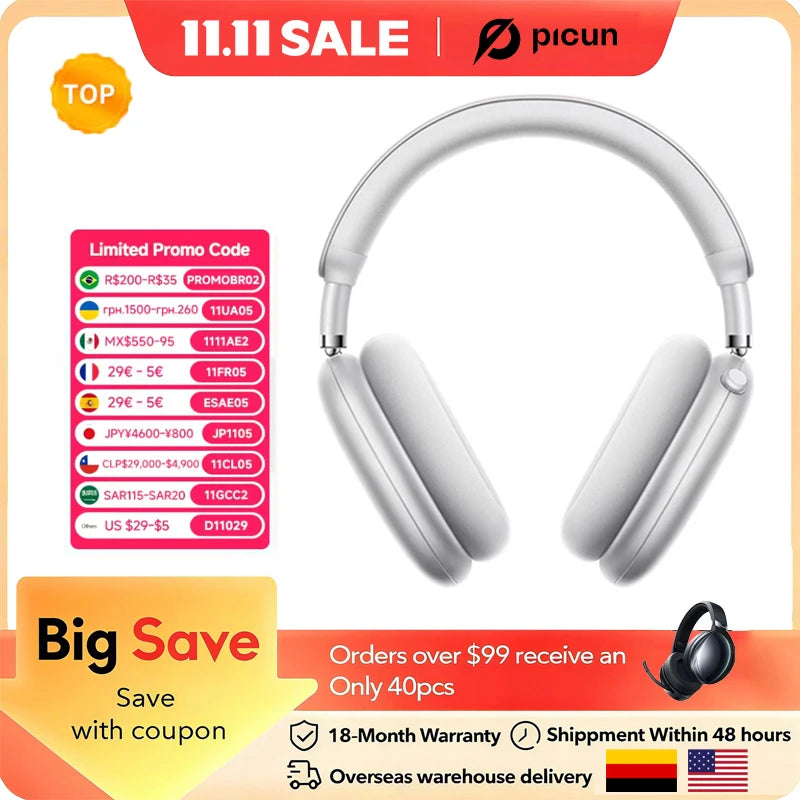 Picun F8 Pro ANC Wireless Headphones 3D Spatial Audio Head Tracking/52dB ANC HIFI Bluetooth Headset ENC HD Mic Low-Latency APP