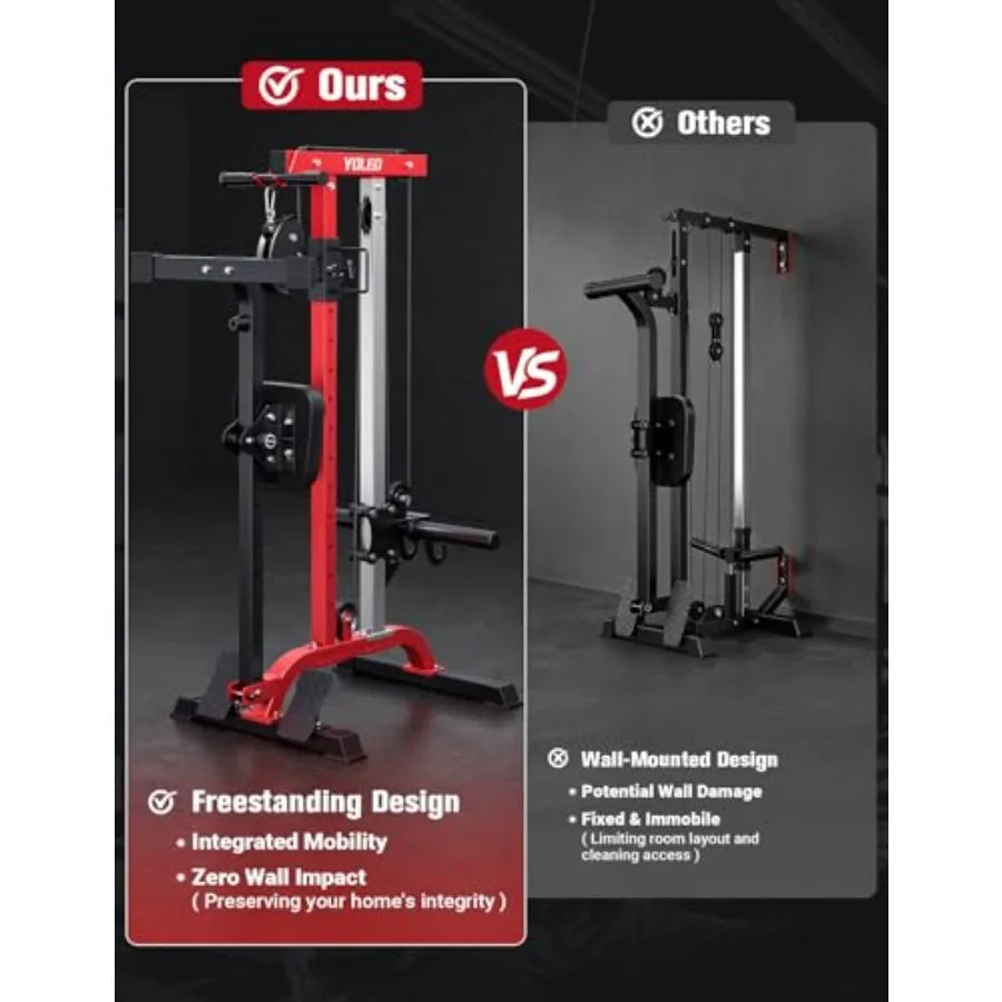 Home gym rowing cable machine LAT pulldown station steel frame/black 2-in-1 adjustable foldable design with 6 attachments