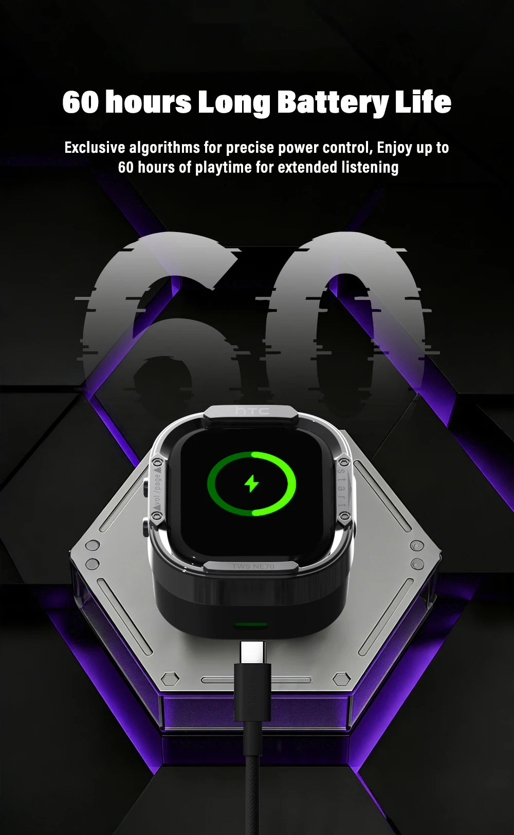 Wireless Headphones Bluetooth HTC NE70 Earphones Microphones/Earbuds AI Translator 30Hours of Battery Life Full HD LCD Display