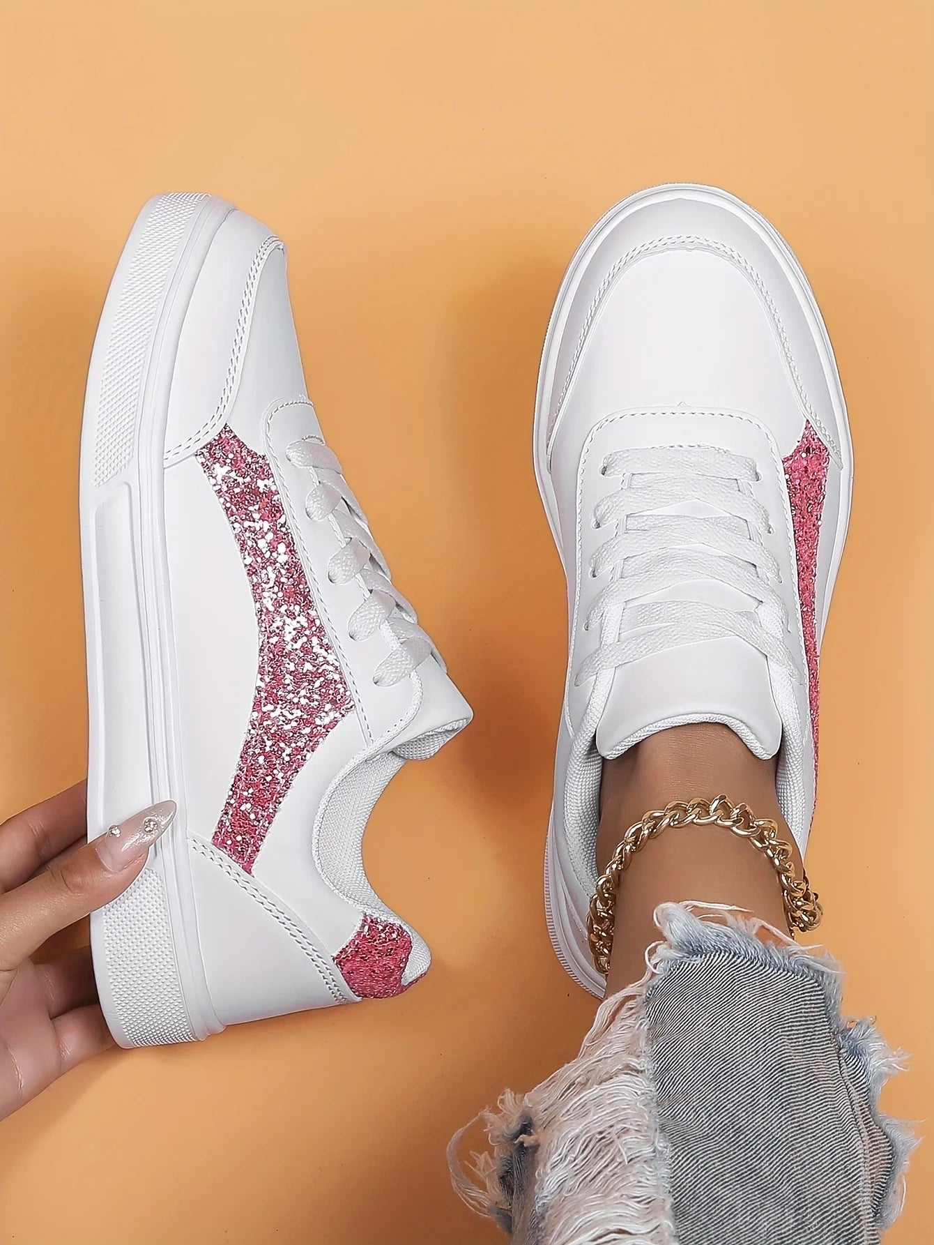 Women's Low-top Casual Sneakers, Sequin Trendy Lightweight Flat Shoes/Breathable Upper Comfortable Fashionable
