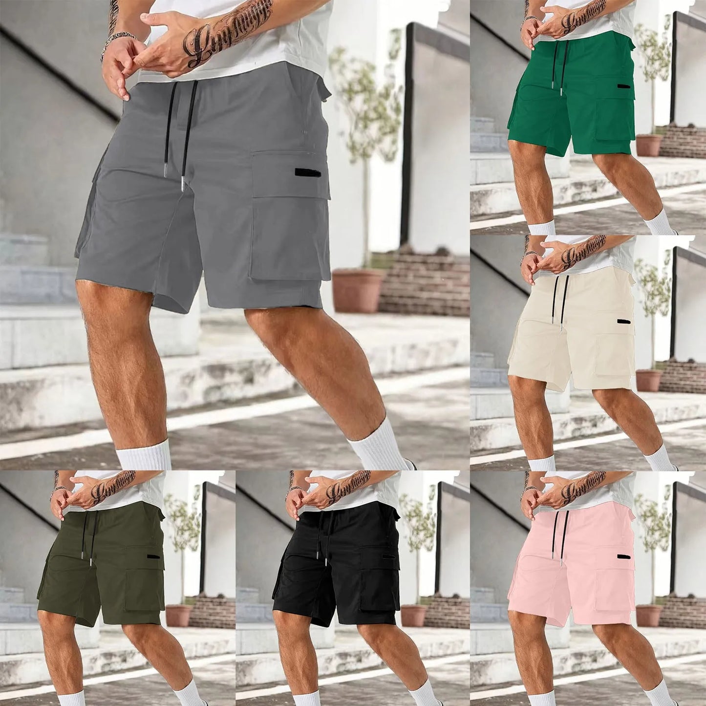 Drawstring Belted Pocket Cargo Shorts For Men Quick Dry/Fitness Training Running Sports Short Elastic Waist Men Shorts