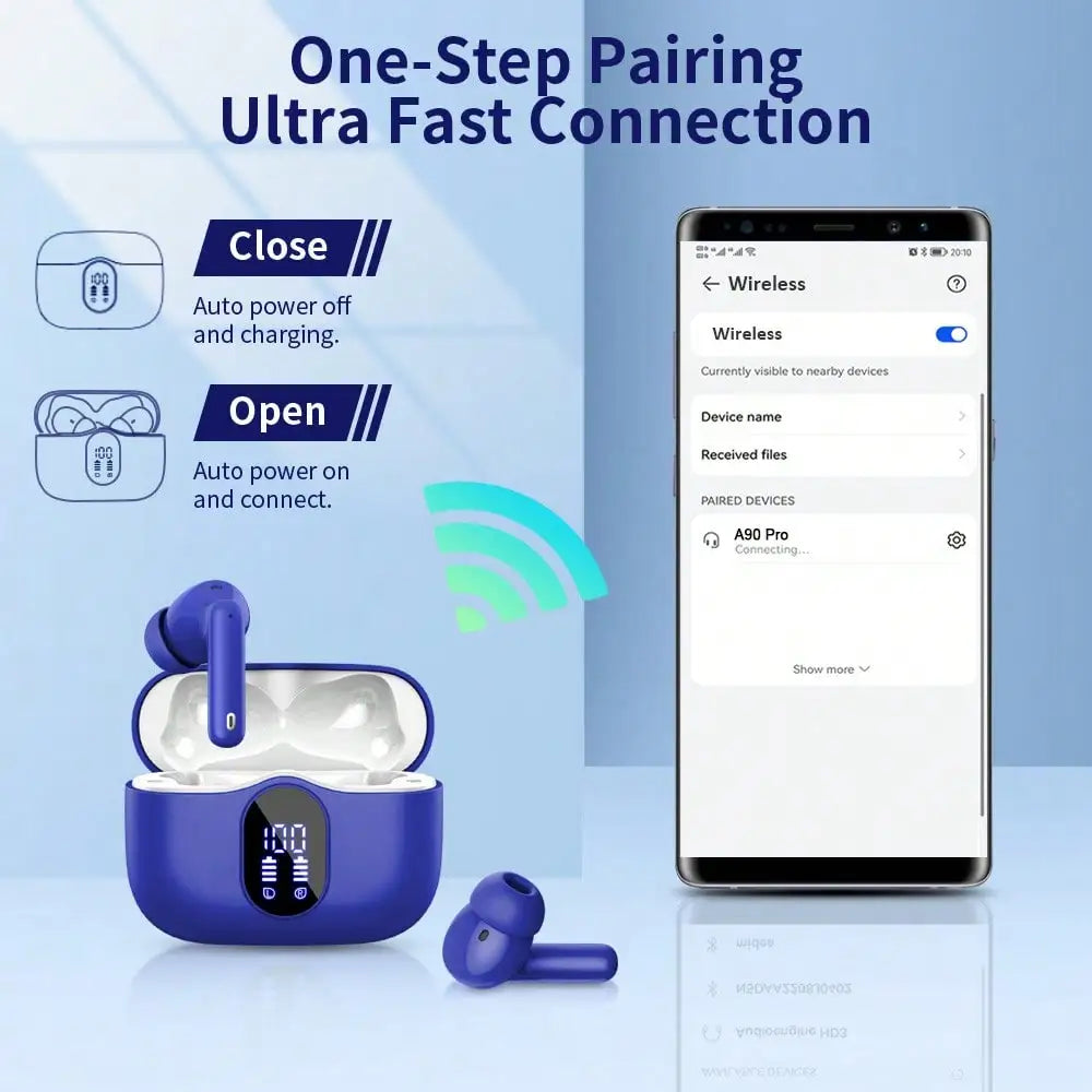 Ordtop Wireless Earbuds Bluetooth Headphones 48H Playtime Ear Buds/With LED Power Display, IPX7 Waterproof Bluetooth 5.4 Earphones