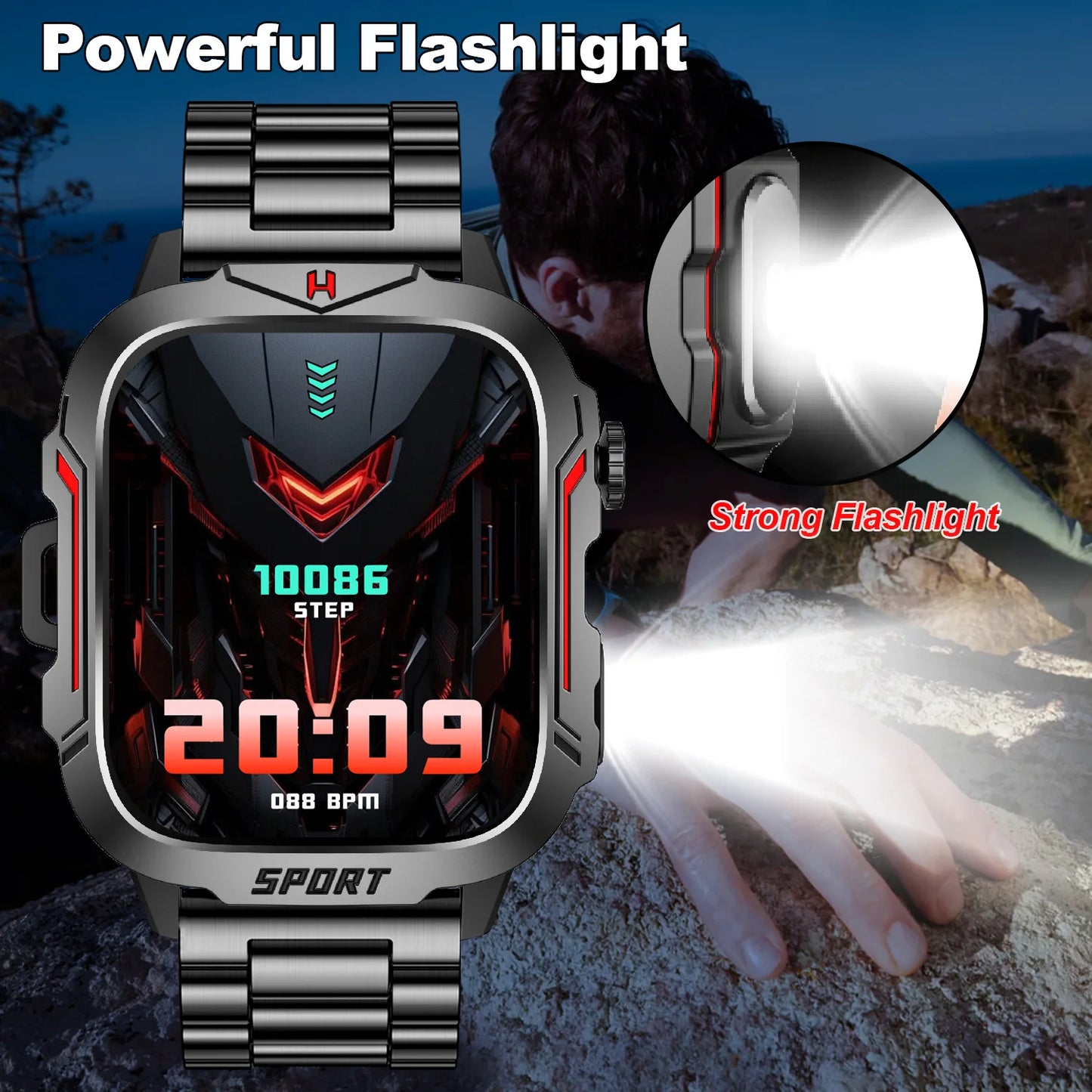 Strong Flashlight Smart Watch for Men/Women, 1.96'' Screen Fitness Tracker/with AI Voice Assistant/ Bluetooth Call/ 100+Sports