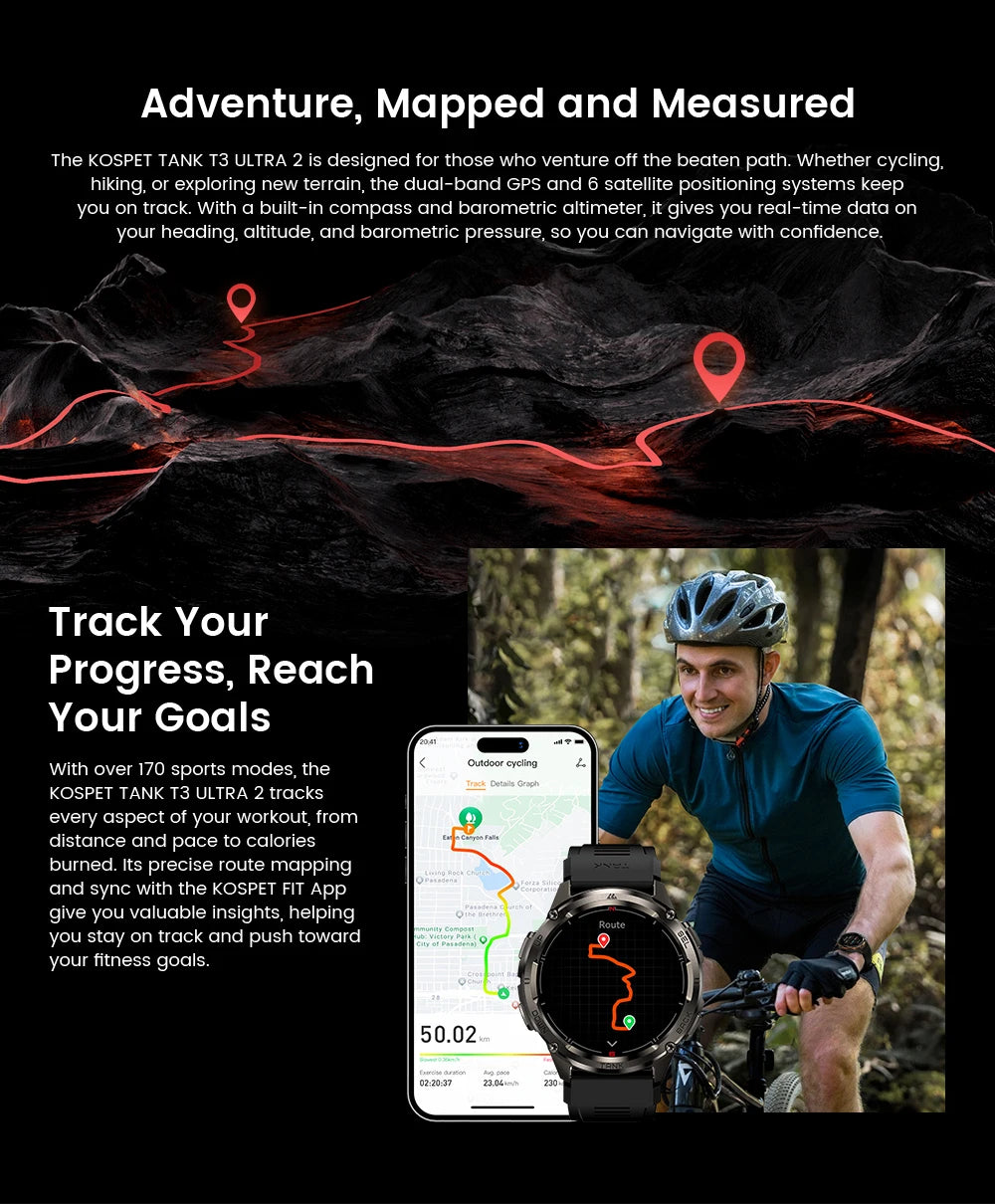 KOSPET TANK T3 Ultra 2 GPS Smart Watch for Men Bluetooth Call/5ATM IP69K Waterproof Men's Watch Stainless Steel Health Monitor
