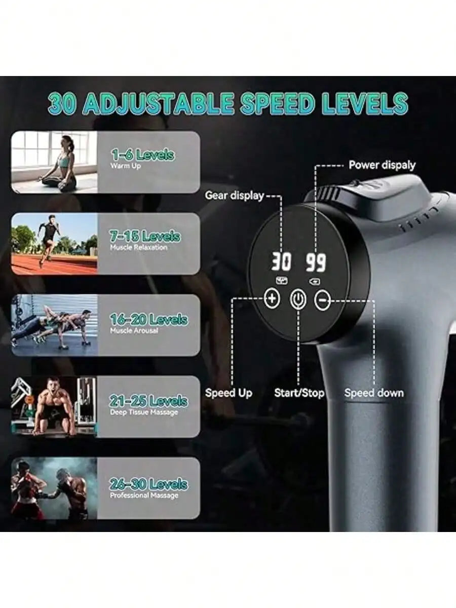 Rechargeable Handheld Mini Deep Massage Gun With Led Display/Portable Massage Gun With 9 Interchangeable Massage Heads And 30 Adjustable Speeds