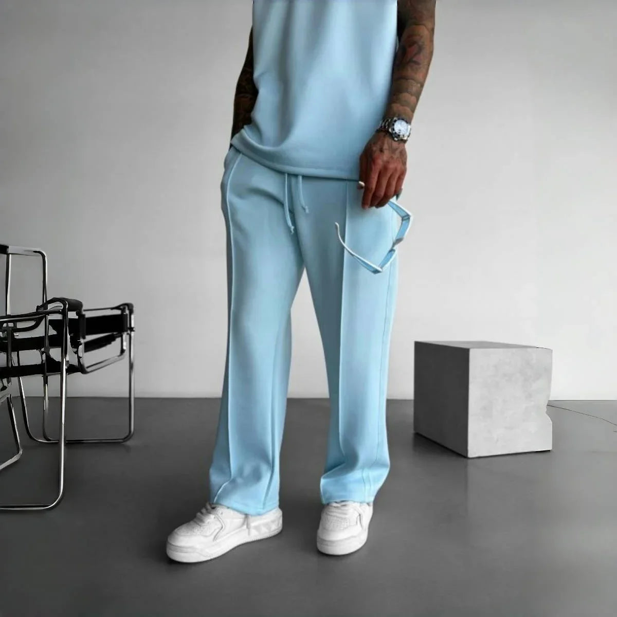 New men's casual pants, stylish and comfortable elastic waist/drawstring single-line pleated solid color pocket mops pants