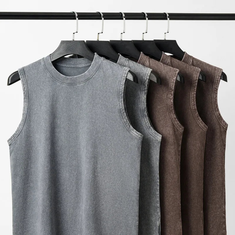 230g Pure Cotton European and American High Street Retro Washed/Distressed Sleeveless Vest Men's Casual Loose Shoulder T-shirt