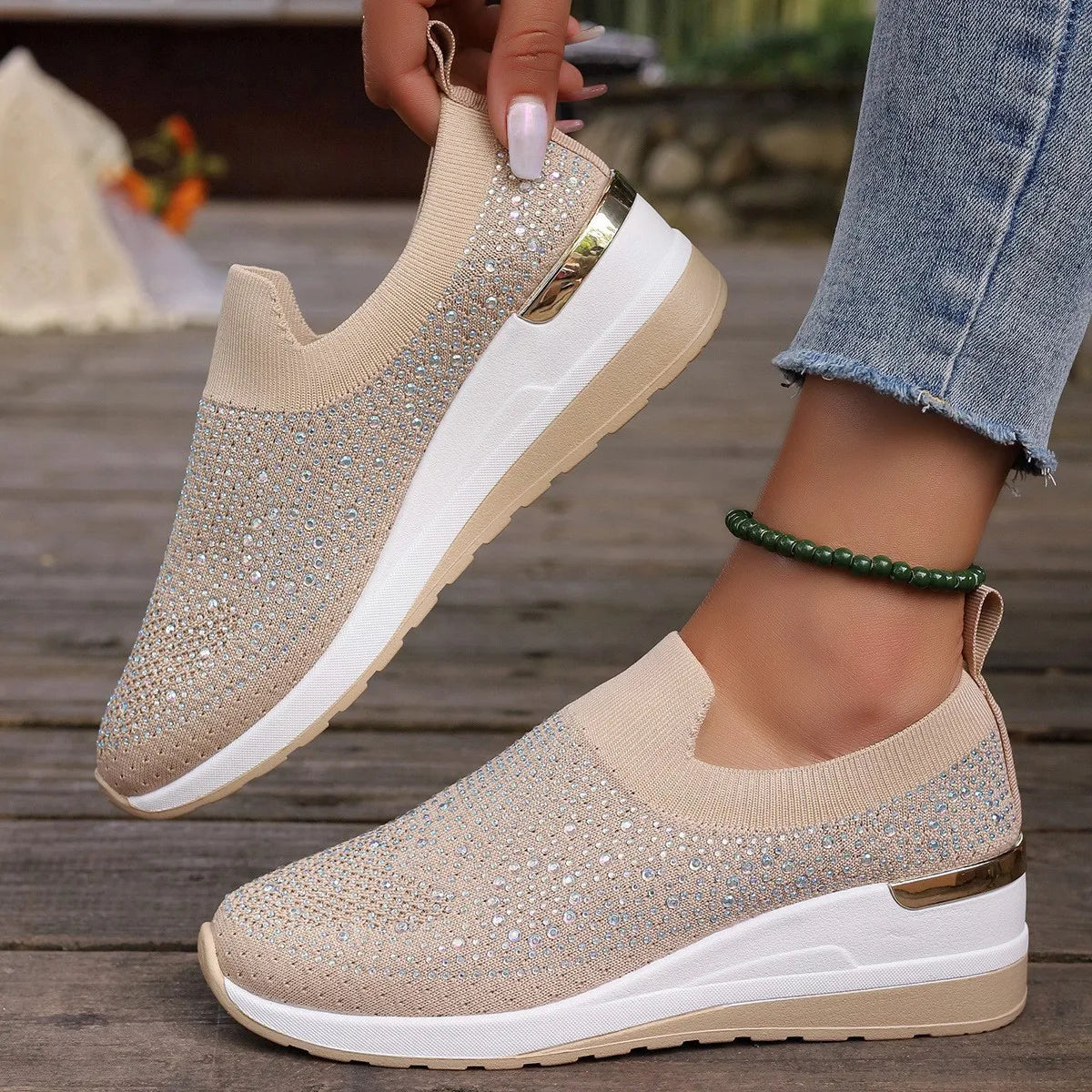 Orange Rhinestone Casual Sneakers Breathable Wedge Women/Lightweight Shoes Slip On New Comfortable Spring Mesh Sports Shoes
