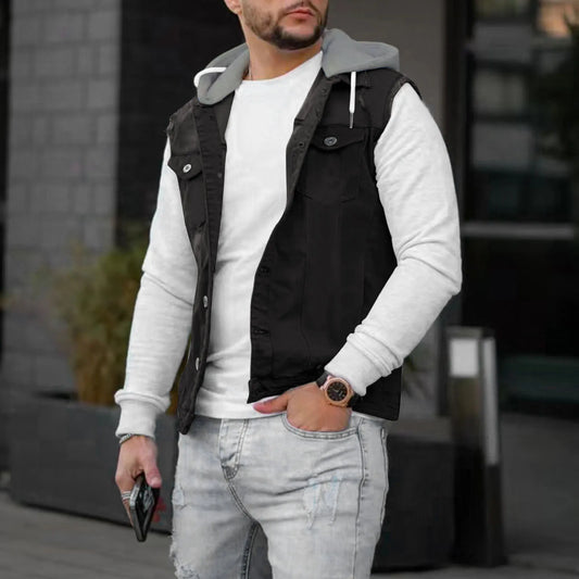 Men's Hooded Jacket Vest Everyday Fashion Streetwear/Sleeveless Solid Color Buckle Lapel Slim Denim Jackets
