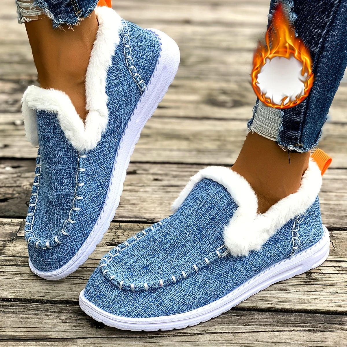 Women Winter Denim Fabric Fuzzy Fleece Lined Loafers Slip On/Warm Moccasin Shoes Non Slip Wear-resistant Soft Sole