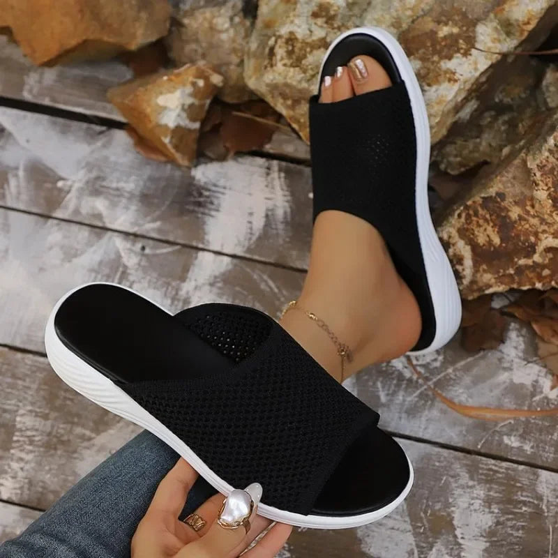 Women's Knitted Breathable Mesh Slide Sandals Soft Flat Sandals/with Open Toe Platform Non-Slip Light Casual Summer Beach Shoes