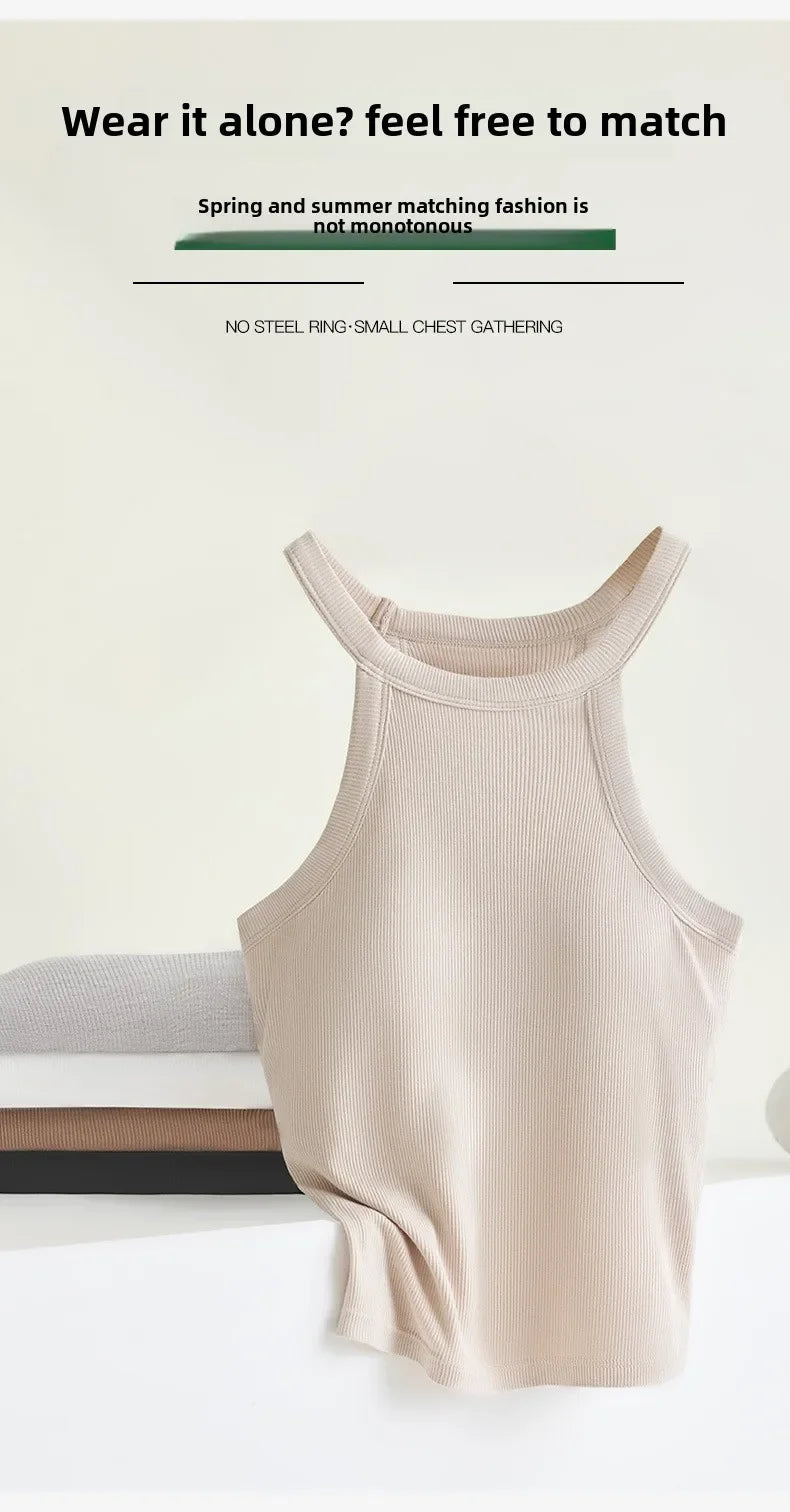 Threaded Halter Neck Camisole Top With Build-in Bra High Elastic/Slim-fitting Sling Fixed Cup Breathable Women Tank top