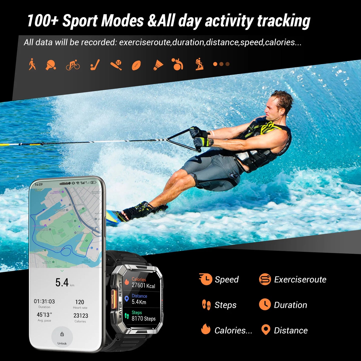 Blackview New Smart Watch 2.01'' HD Display Outdoor Men's Watches/with Emergency Lighting Bluetooth Call Waterproof Smartwatch