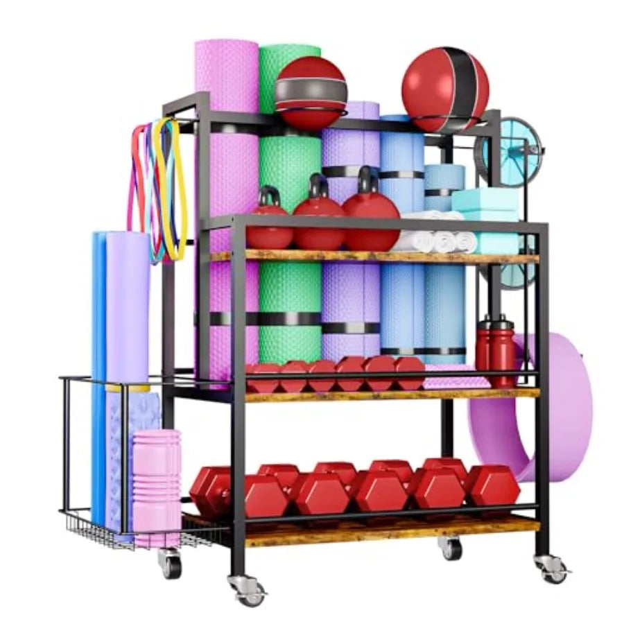4-Tier Large Capacity Gym Storage Rack for Dumbbells Kettlebells Foam Roller/Yoga Mat Resistance Bands with Hooks and Wheels