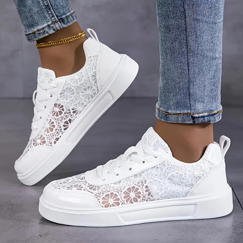 New Arrival Women Lace Mesh Platform Sneakers Floral Embroidery/Breathable Slip On Lace Up Casual Walking Shoes
