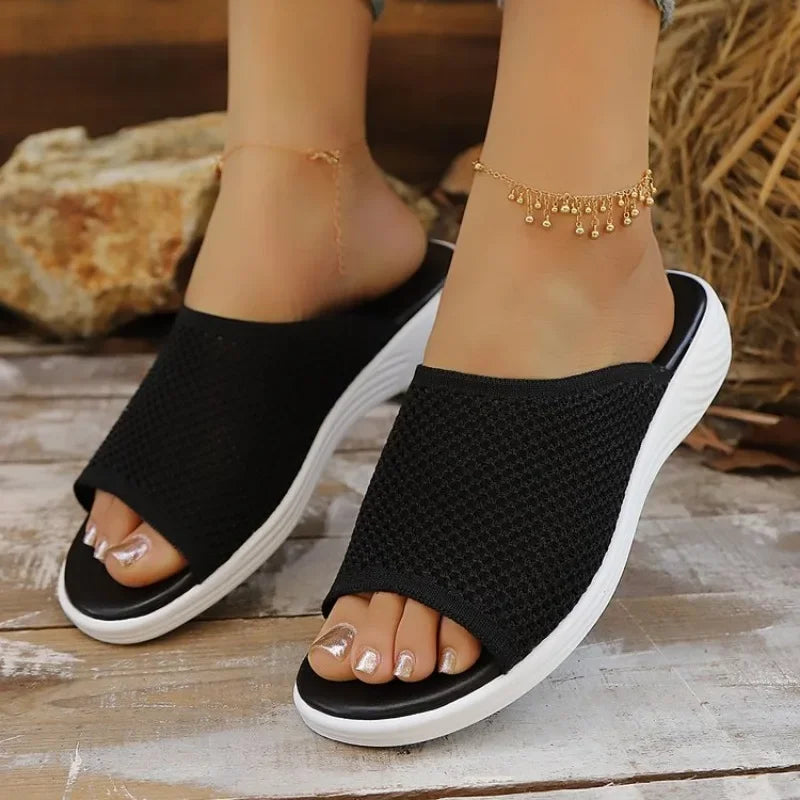 Women's Knitted Breathable Mesh Slide Sandals Soft Flat Sandals/with Open Toe Platform Non-Slip Light Casual Summer Beach Shoes