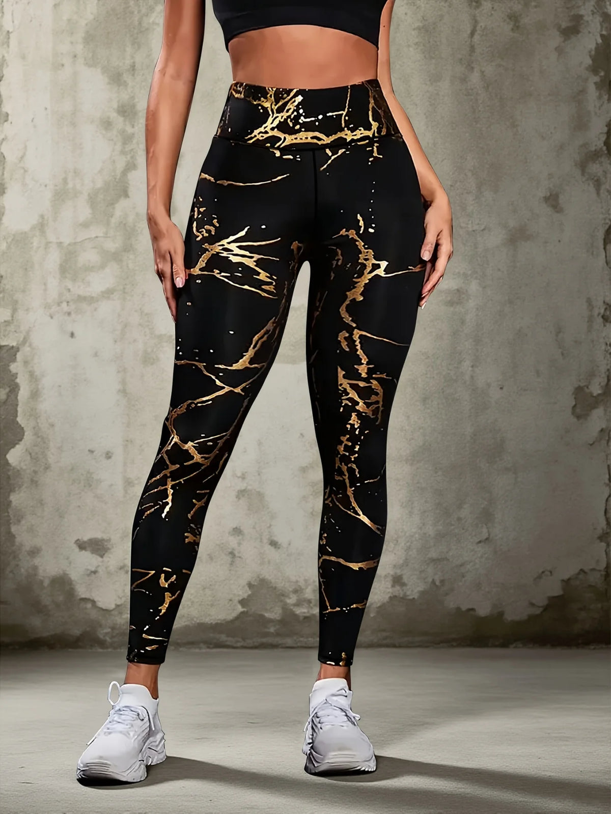 Yoga Pants, Women's High‑Waist Black Gold Marble Foil/Print Stretch Leggings, Buttery‑Soft Full‑Length Gym Workout Pants
