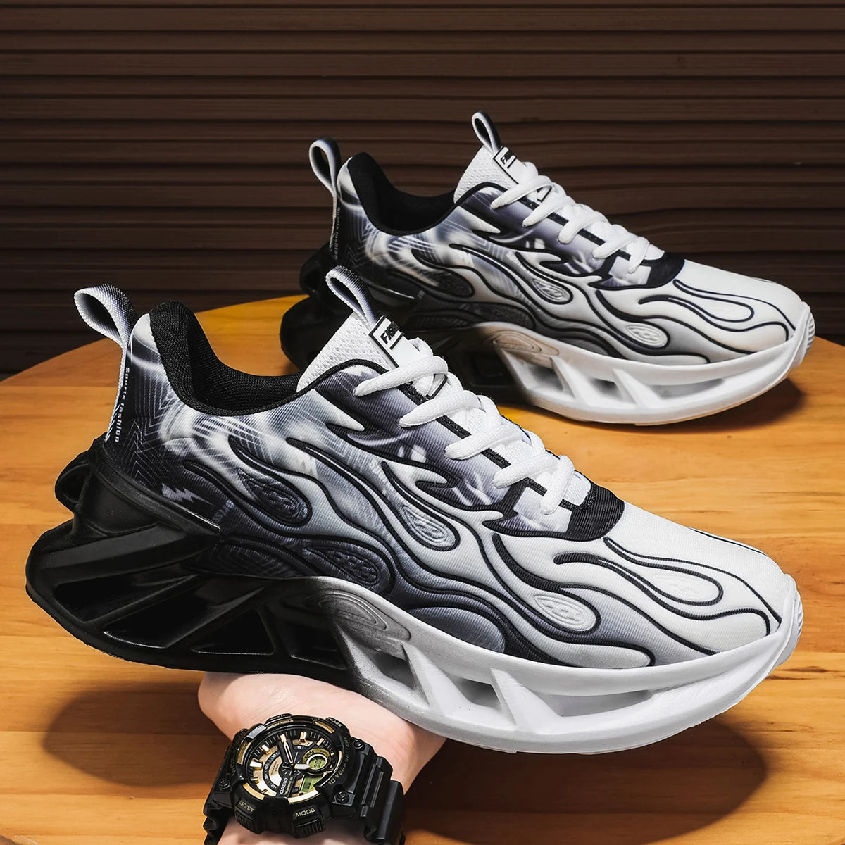 Women Flame Print Blade Chunky Sneakers Gradient Hollow Thick Sole/Breathable Mesh Lightweight Shock Absorb Lace Up Running Shoes