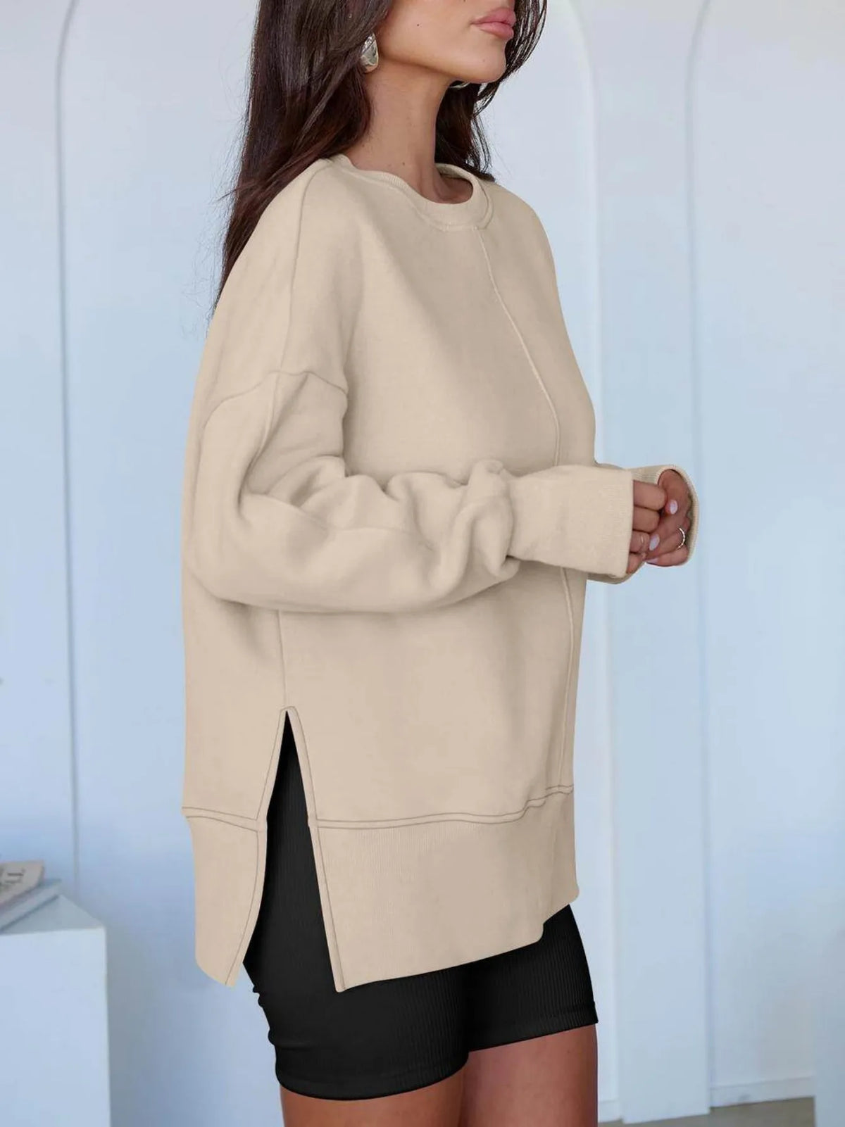 Women Crew Neck Long Sleeve Drop Shoulder Side Slit/Loose Oversized Sweatshirt Casual Daily Going Out Top