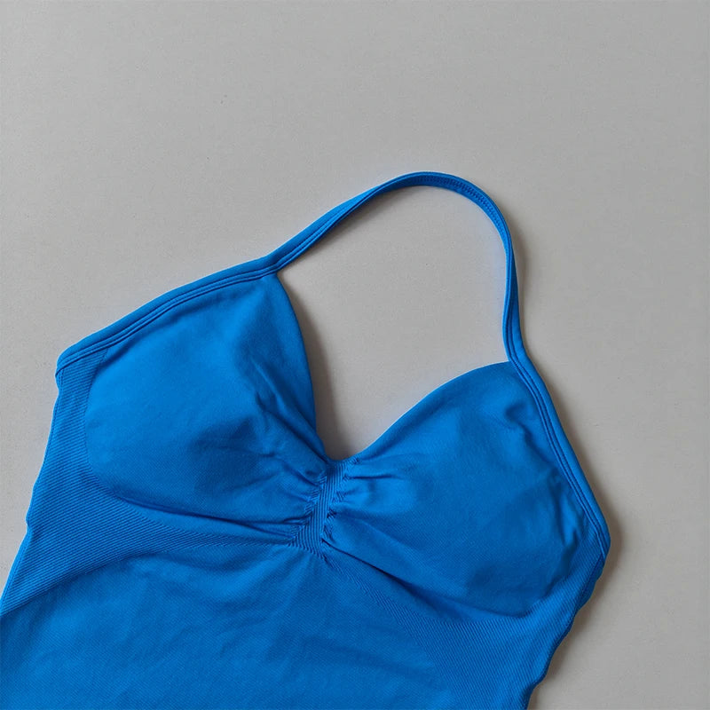 Longline Strappy Seamless Yoga Tank Top Backless/Gym Vest with Built-in Bra Sleeveless Workout Top