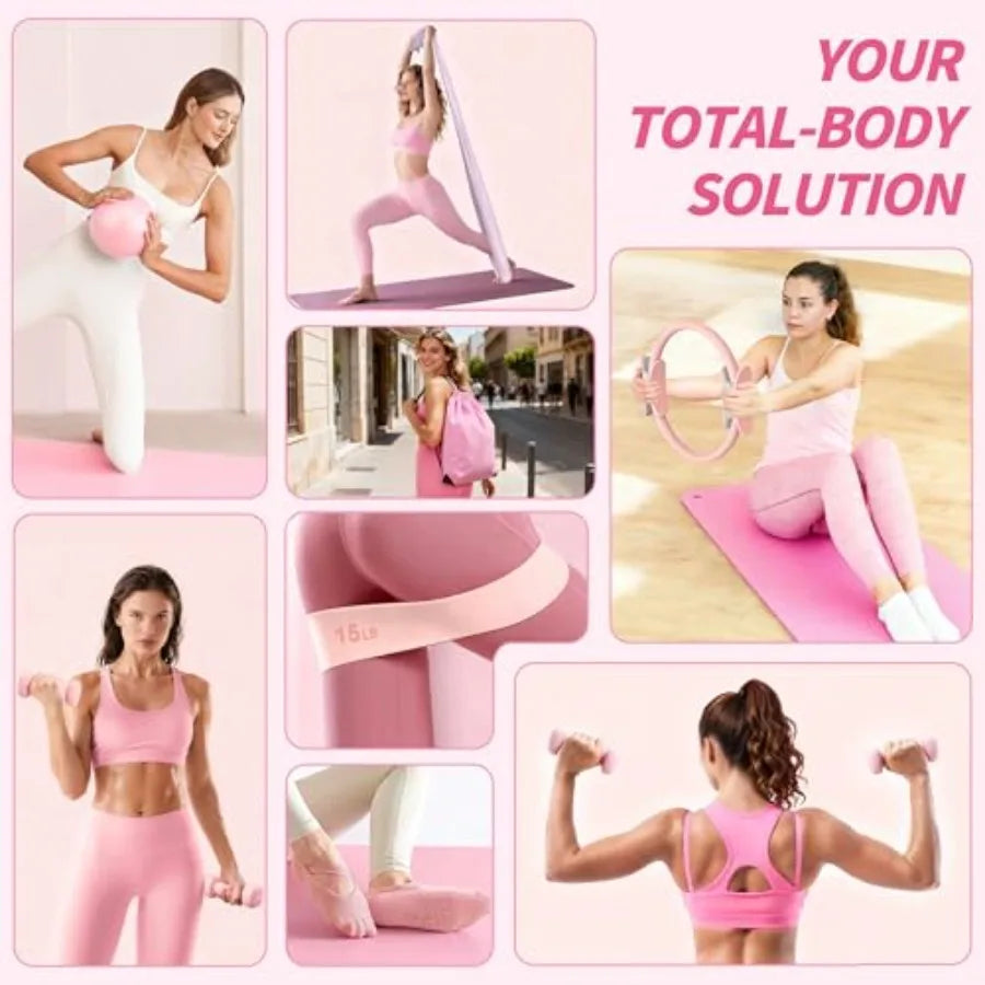 Home Pilates Workout Kit for Women with 14.5 Ring Ball/Resistance Bands Dumbbells Grip Socks in Black and Blue