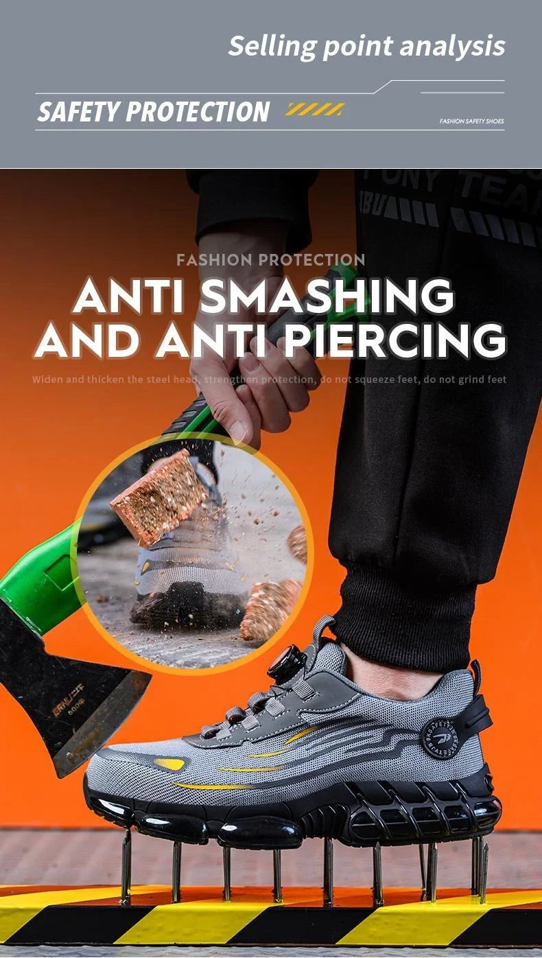 Men's Lace Up Low Top Anti Piercing & Anti Smashing Safety Shoes/with Rotating Button, Contrast Mesh Work Shoes, for Outdoor