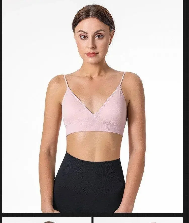Women V Neck Seamless Triangle Cup Bra Camisole Breathable Gather Up/Chest Wrapped Underwear for Sports Fitness Yoga Casual