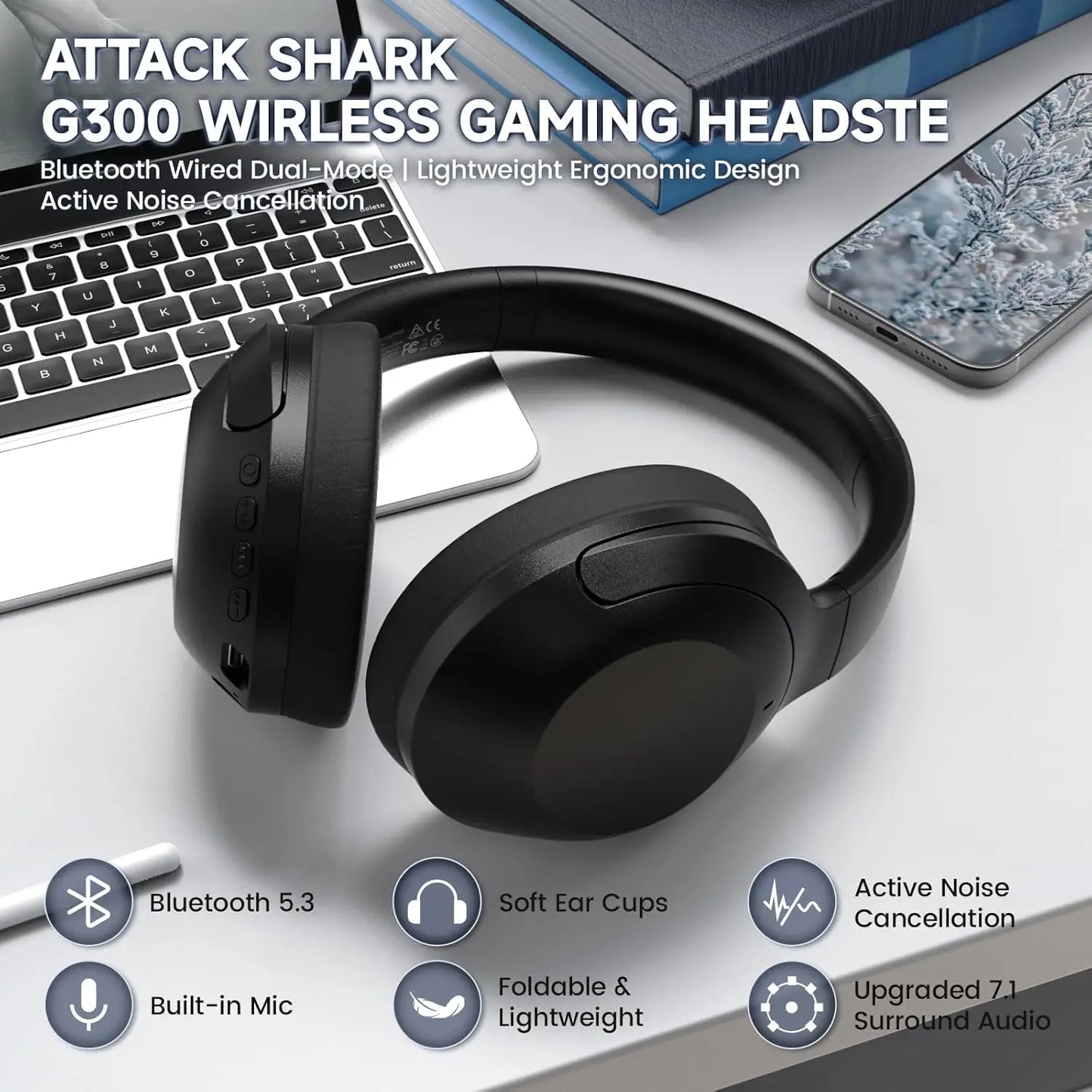 ATTACK SHARK G300 Wireless Bluetooth Headphone with ENC Noise Cancellation/Rechargeable Over Ear Headset, 3.5MM Audio Jack