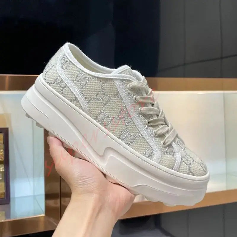 2026 Luxury Brand Famous Designer Women's Thick Soled Canvas Shoes/Retro Height Increasing Casual Correct Version Canvas Shoes