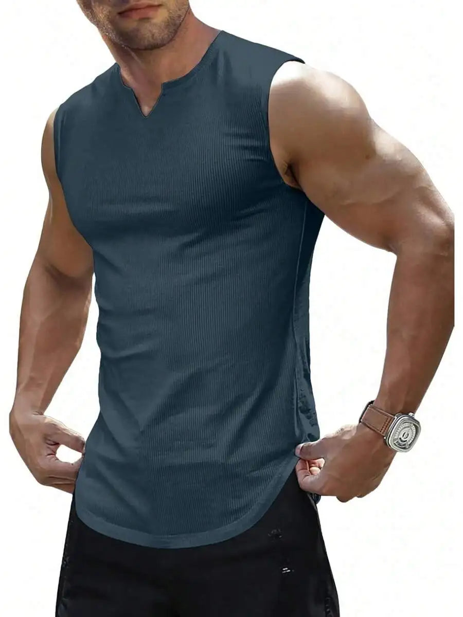 Men's Ribbed Knitted Tank Top/Sleeveless Fitness Gym T-Shirt