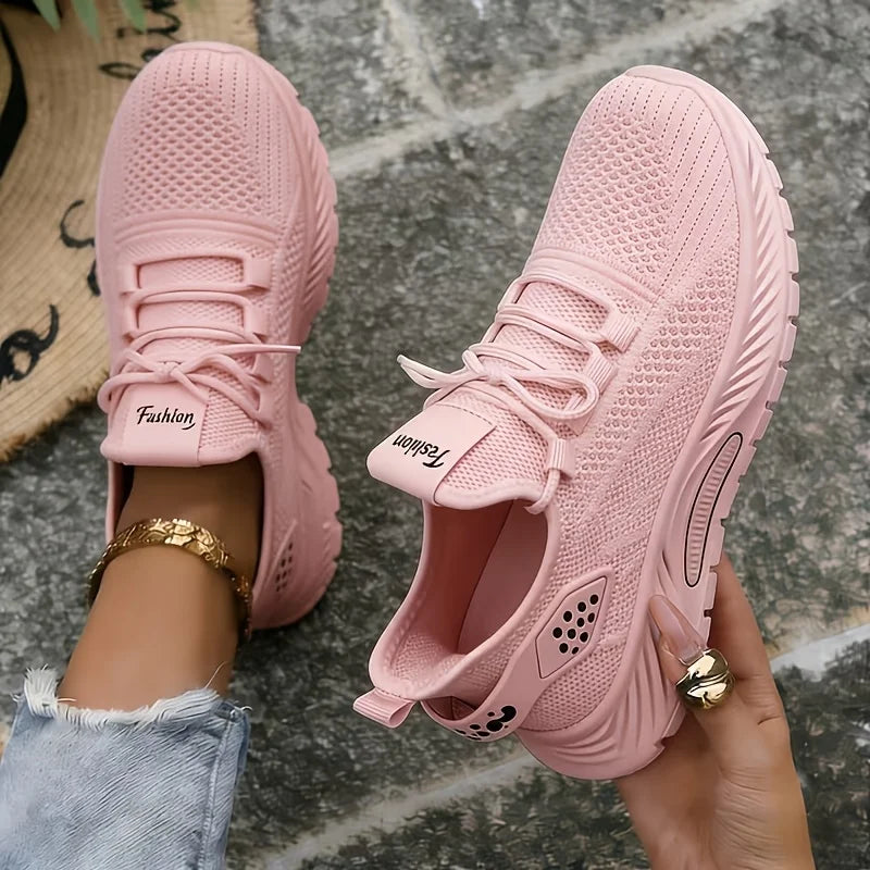 Women Platform Chunky Sneakers Breathable Flying Knit Lace Up/Two Wear Back Slip On Walking Shoes Lightweight Non Slip Thick Sole