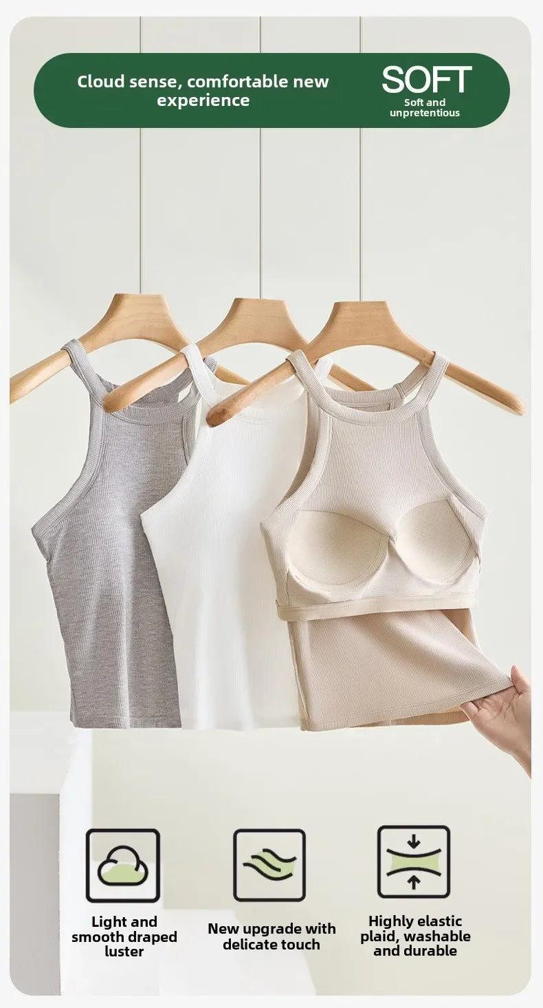 Threaded Halter Neck Camisole Top With Build-in Bra High Elastic/Slim-fitting Sling Fixed Cup Breathable Women Tank top