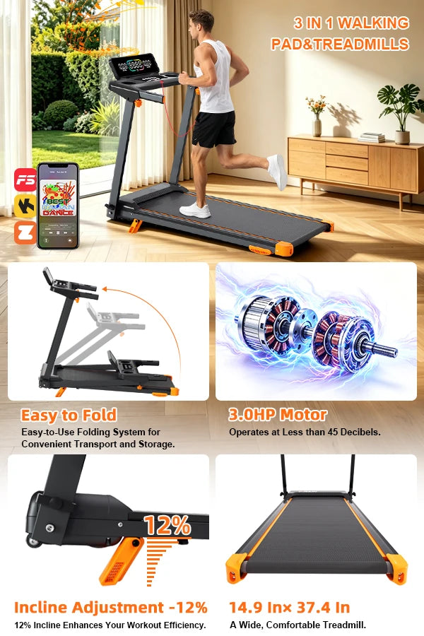 Quiet 3-in-1 Foldable Walking Pad Treadmill with 12% Incline for Home/12 Preprogrammed HIIT Modes, Supports up to 300 LBS Smart Treadmill Built