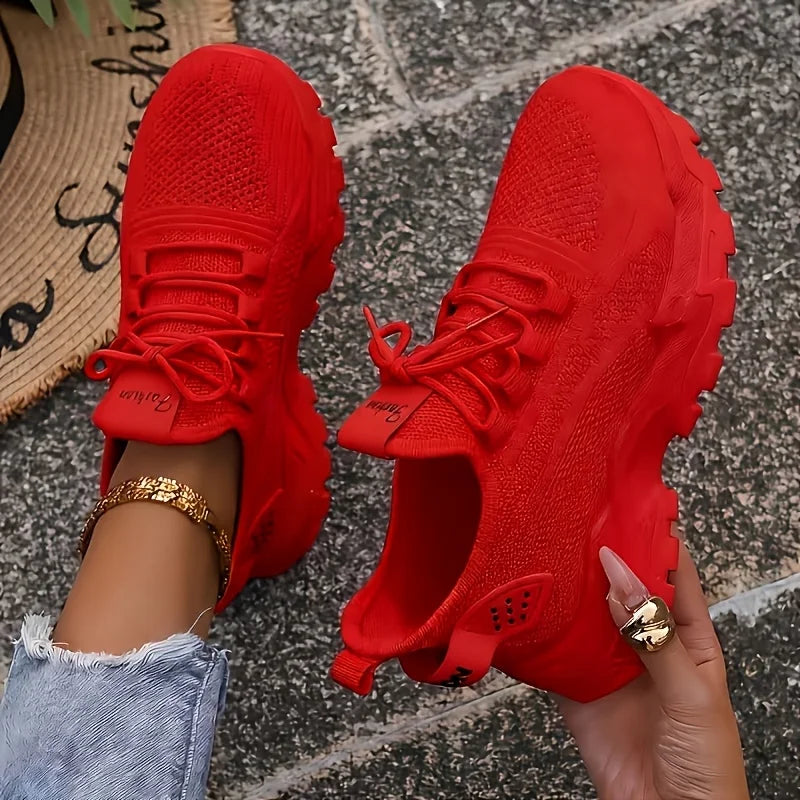 Women Chunky Platform Dad Sneakers, Knit Mesh Lace Up/Wavy Sole Casual Shoes Thick Bottom Non-slip Walking Trainers