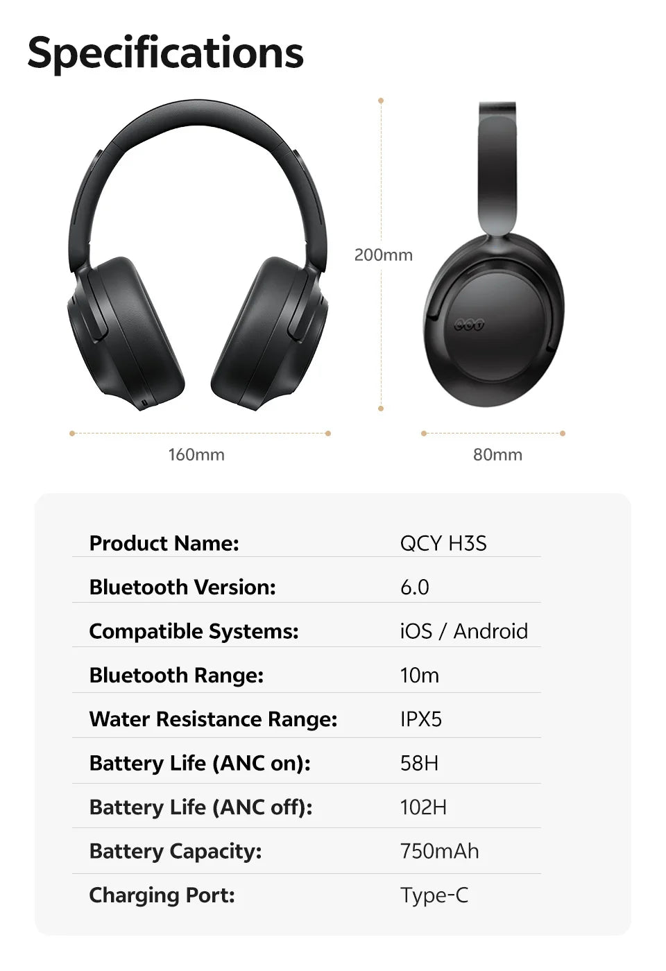 QCY H3S Over Ear Headphone Hi-Res LDAC Spatial Sound Headset/H3S -56dB Adaptive ANC Wireless Earphone Bluetooth 6.0 102Hrs