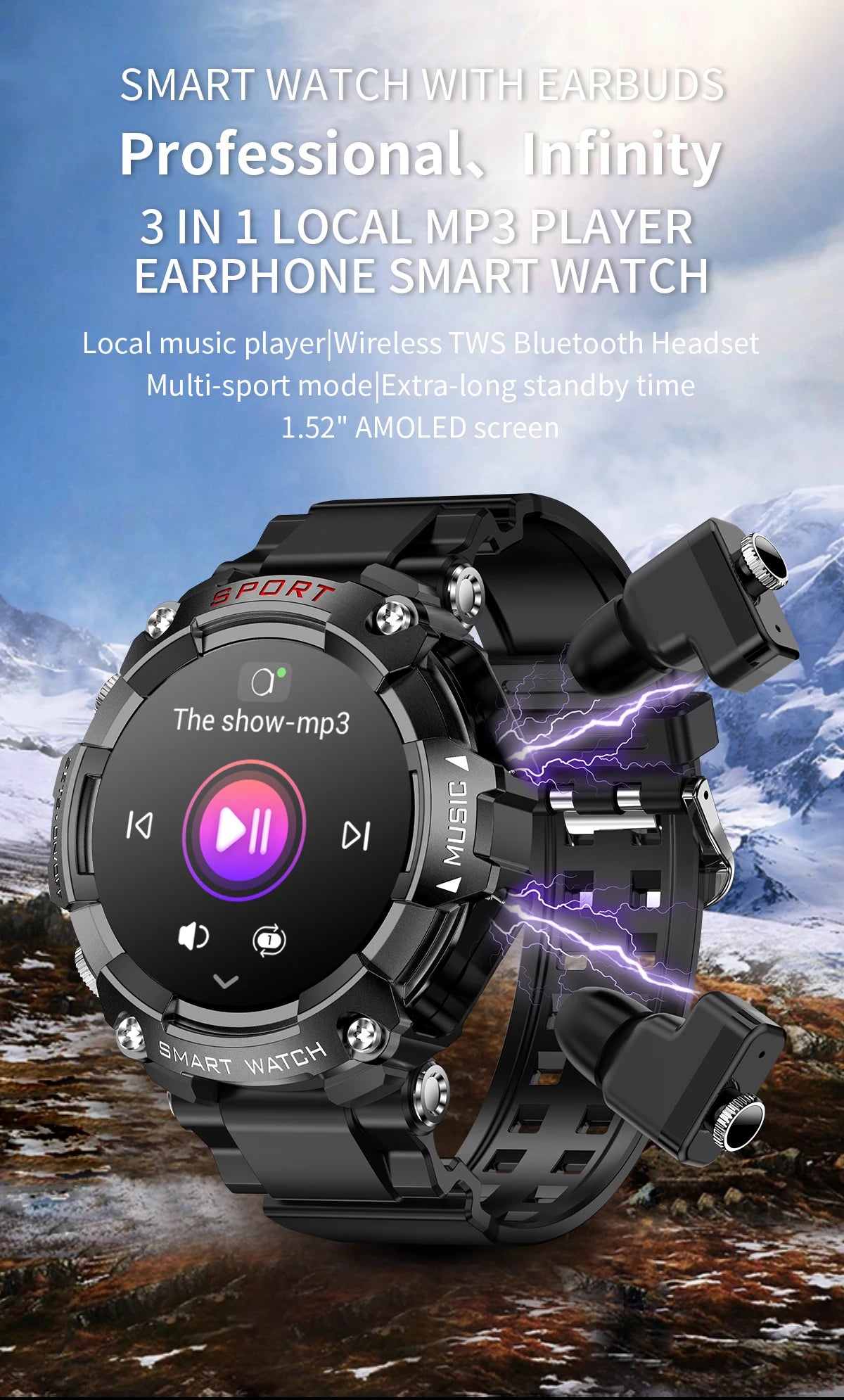 LaNikar Smart Watch AMOLED Display With In-Ear Bluetooth Headset/Heart Rate Blood Pressure Oxygen Saturation Monitoring HD Audio