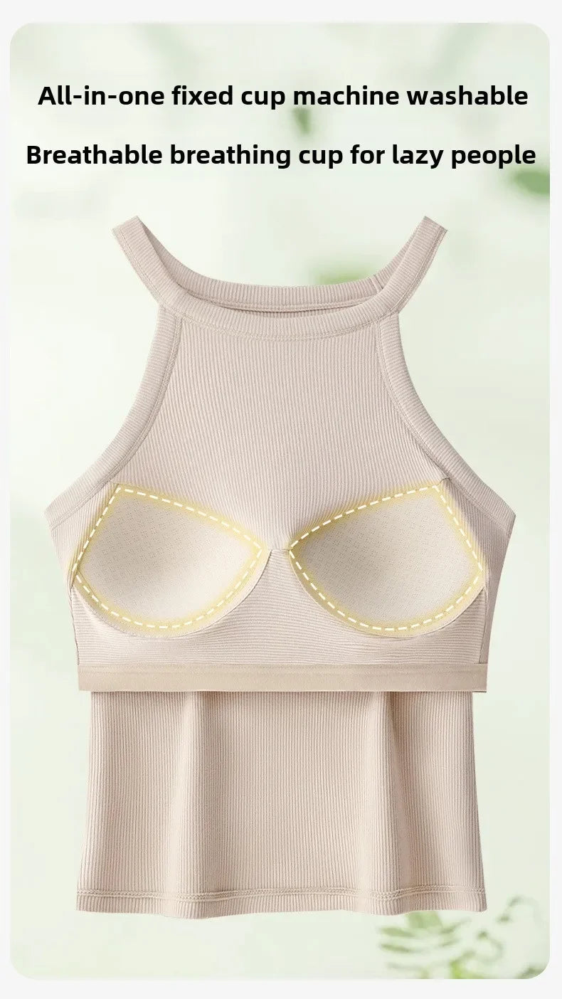 Threaded Halter Neck Camisole Top With Build-in Bra High Elastic/Slim-fitting Sling Fixed Cup Breathable Women Tank top