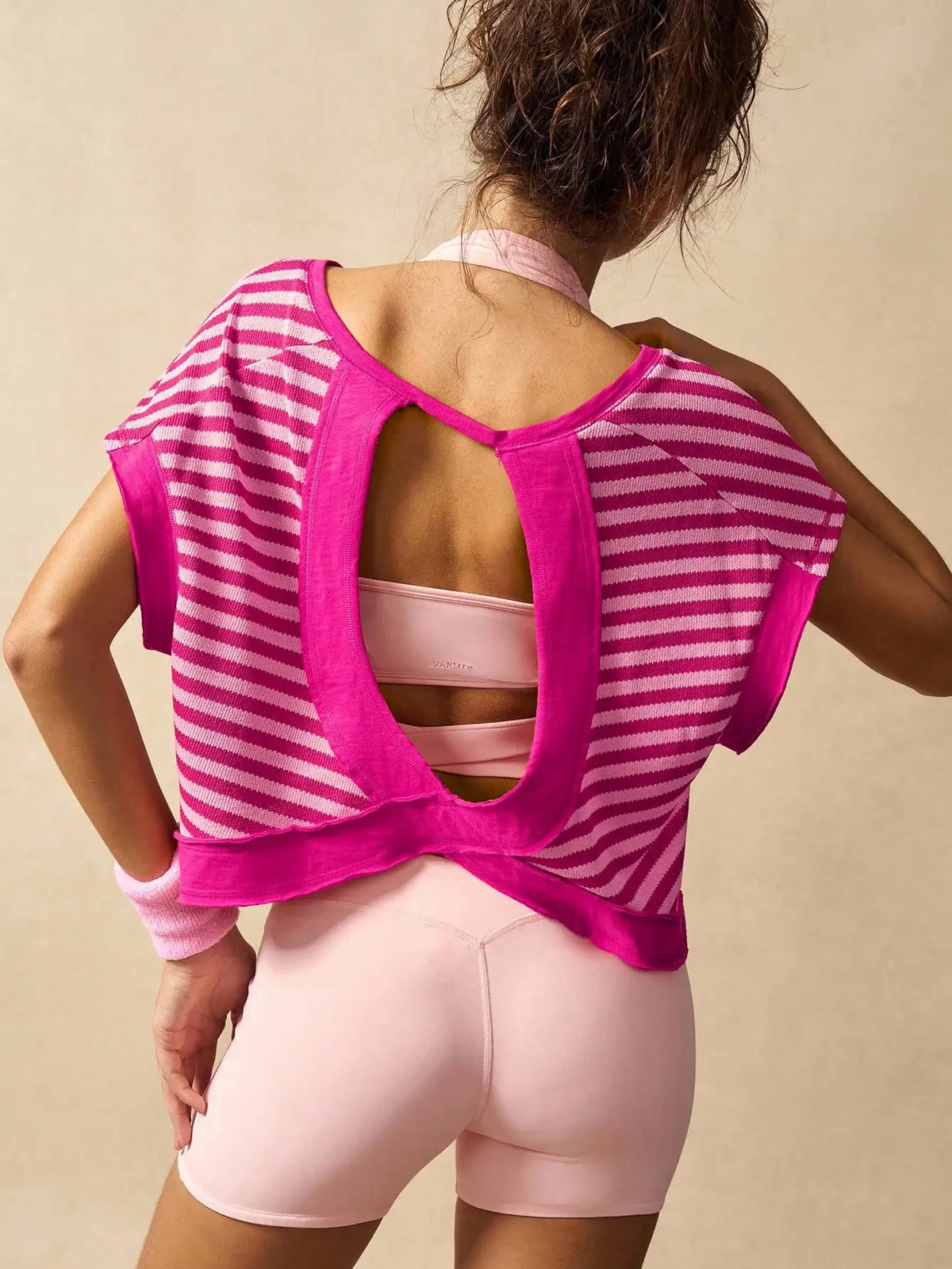 Women Striped Open Back Workout/Top Gym Crop Top Summer Active Wear Shirts