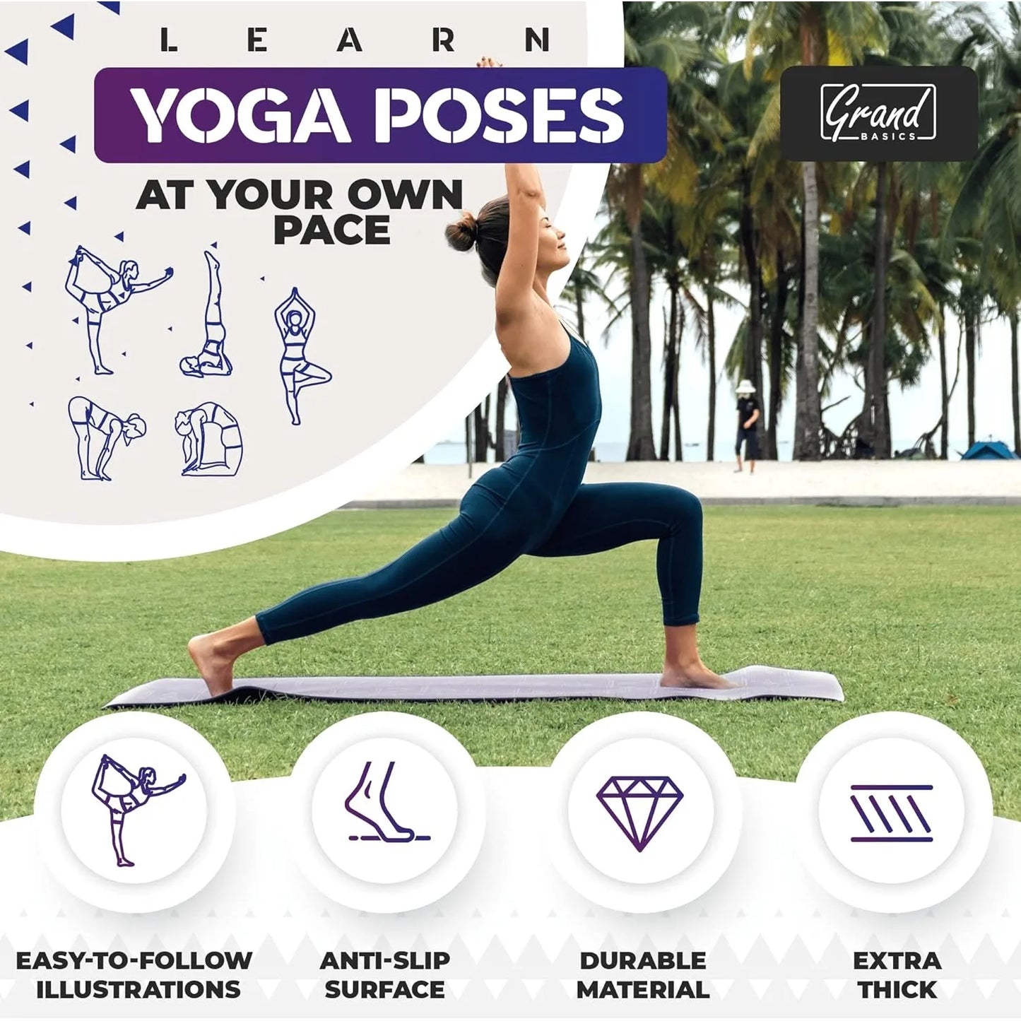 Instructional Yoga Mat with Poses Printed On It & Carrying Strap/75 Illustrated Yoga Poses & 75 Stretches