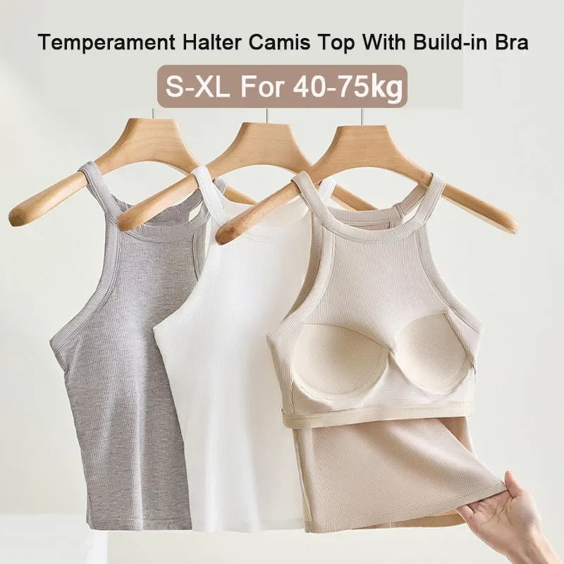 Threaded Halter Neck Camisole Top With Build-in Bra High Elastic/Slim-fitting Sling Fixed Cup Breathable Women Tank top