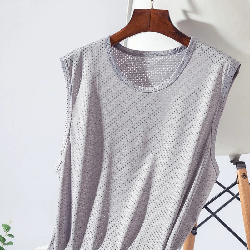 Men's Ice Silk Mesh Tank Tops Gym Stringer Transparent Bodybuilding/Sleeveless Shirt Fitness Vest Male mesh Muscle Shirt