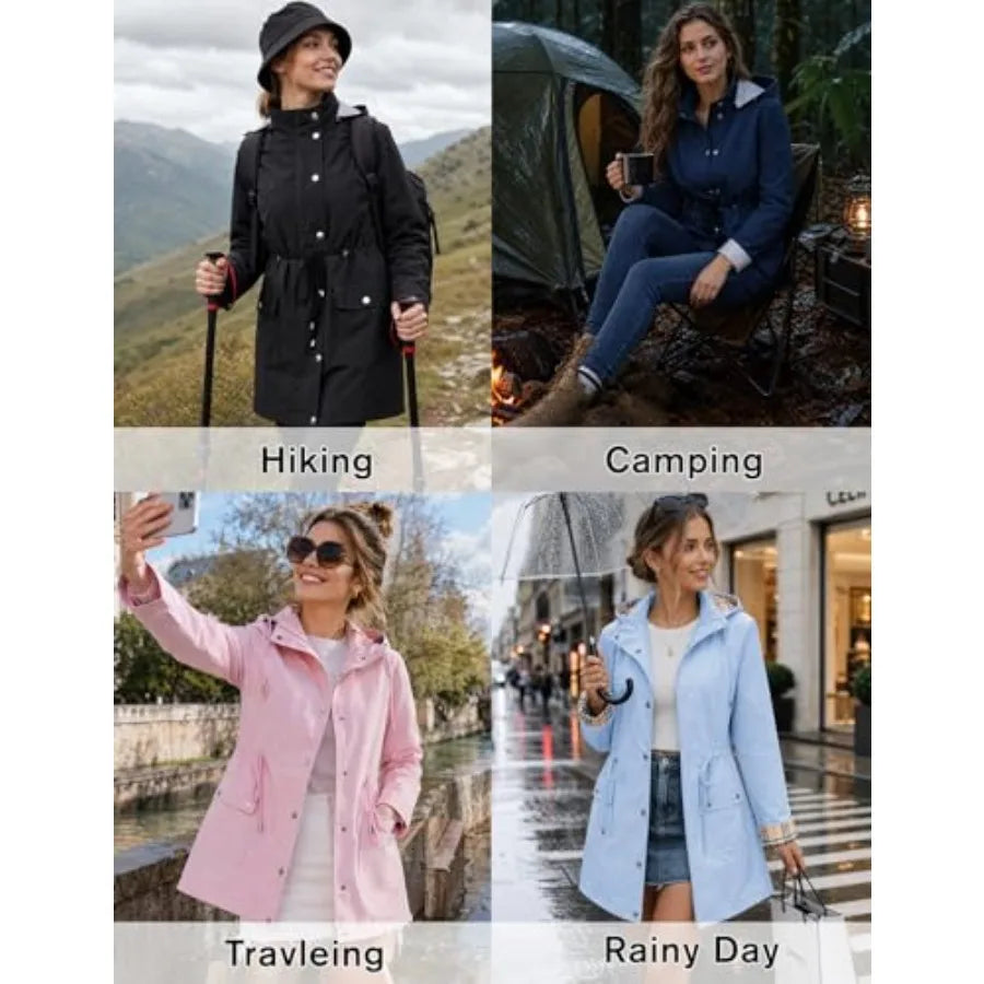 BBX Lephsnt Rain Coats for Women Waterproof Rain Jacket/Lightweight Windbreaker Outdoor Hooded Trench Coat