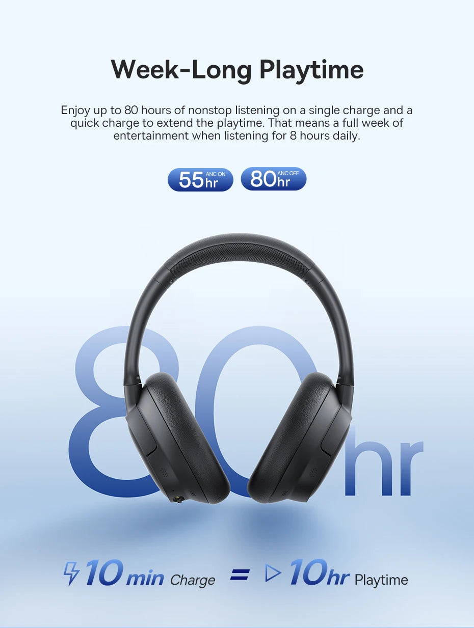 Baseus Bass Wireless Headphones Bluetooth 6.0 98% Noise Canceling/Over Ear Headset Spatial Audio Earphone 80H Time